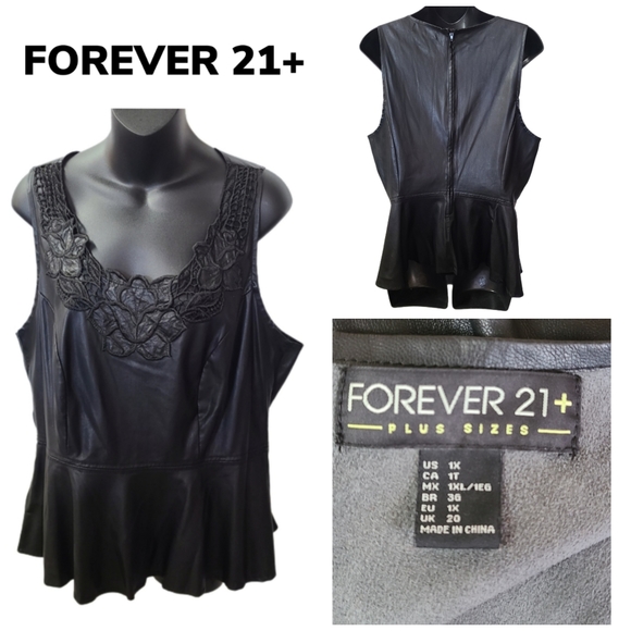 FOREVER 21+ Tops - FOREVER 21+BLACK FAUX LEATHER PEPLUM SLEEVELESS